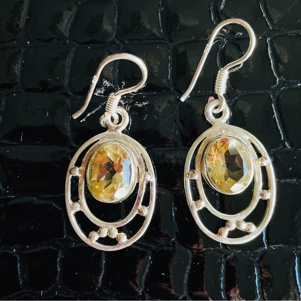 Natural Yellow Topaz Dotted Sterling Silver Oval Dangle Hook Earrings